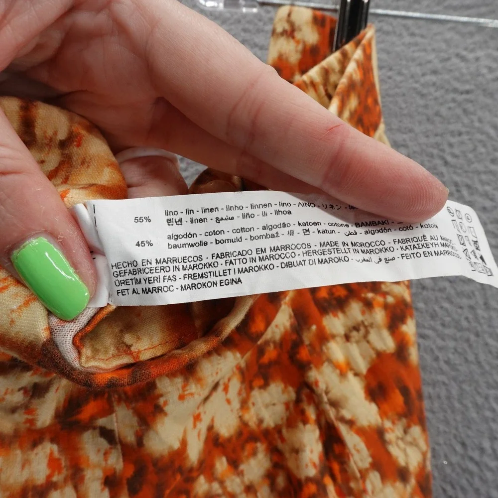 Zara Tie Dye Wide Leg Pants S Orange Beige Womens Linen Cotton Boho‎ Floral - Picture 11 of 12
